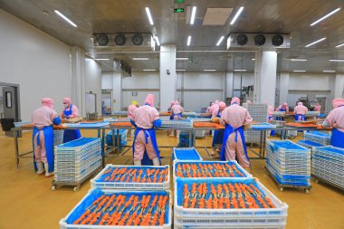 LUANNAN COUNTY, Çin - 6 Eylül 2021: İşçiler Çin 'deki bir atölyede ızgara gıdaları işliyorlar