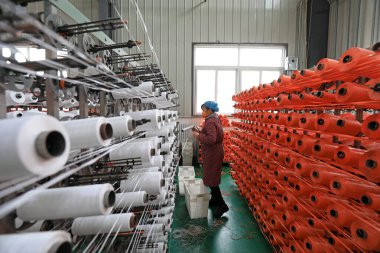 LUANNAN COUNTY, Çin - 12 Ocak 2022: İşçiler plastik fiber tekstil üretim hattı, Kuzey Chin