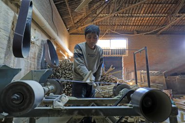 LUANNAN COUNTY, Çin - 25 Kasım 2021: İşçiler Kuzey Çin 'deki bir fabrikada ahşap maça işleme işlemleri