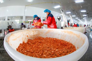 LUANNAN COUNTY, Çin - 18 Şubat 2022: işçiler Kuzey Çin 'deki turşu üretim hattı üzerinde sıkı çalışıyorlar