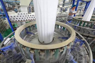 LUANNAN COUNTY, Çin - 13 Haziran 2021: işçiler Kuzey Çin 'deki plastik örgü üretim hattı üzerinde sıkı çalışıyorlar