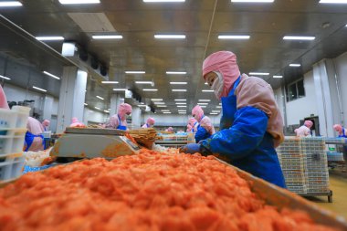 LUANNAN COUNTY, Çin - 6 Eylül 2021: İşçiler Çin 'deki bir atölyede ızgara gıdaları işliyorlar