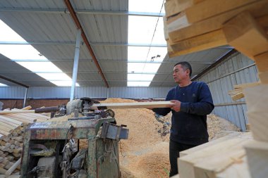 LUANNAN COUNTY, Çin - 25 Kasım 2021: İşçiler Kuzey Çin 'deki bir fabrikada ahşap maça işleme işlemleri