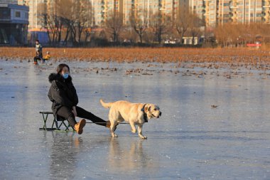 LUANNAN COUNTY, Çin - 15 Ocak 2022: Ziyaretçiler Kuzey Çin 'deki parkta paten kayıyorlar