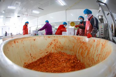 LUANNAN COUNTY, Çin - 18 Şubat 2022: işçiler Kuzey Çin 'deki turşu üretim hattı üzerinde sıkı çalışıyorlar