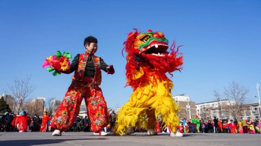 Luannan County, Çin - 13 Şubat 2025: İnsanlar geleneksel Çin festivalini kutlamak için meydanda aslan dansı yapıyorlar - Fener Festivali.