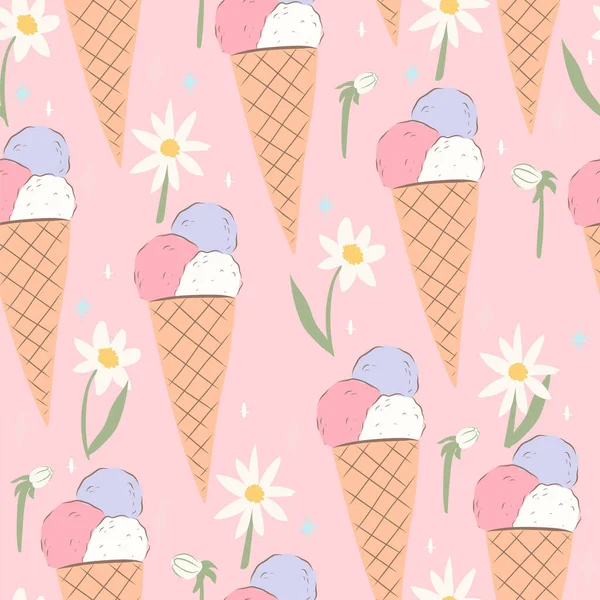 冰淇淋和雏菊无缝图案 漂亮的背景墙纸 用于生产织物 纺织品 包装纸和包装材料 — 图库矢量图片