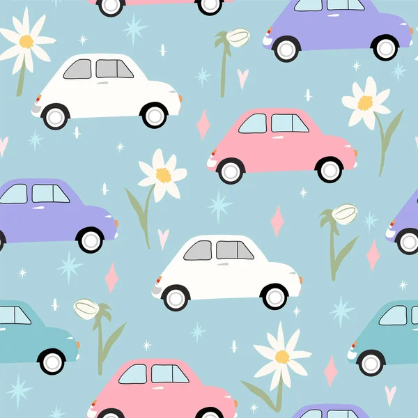 Cute Car Seamless Pattern Fiat 500 Floral Background Perfect Creating — Stock Vector