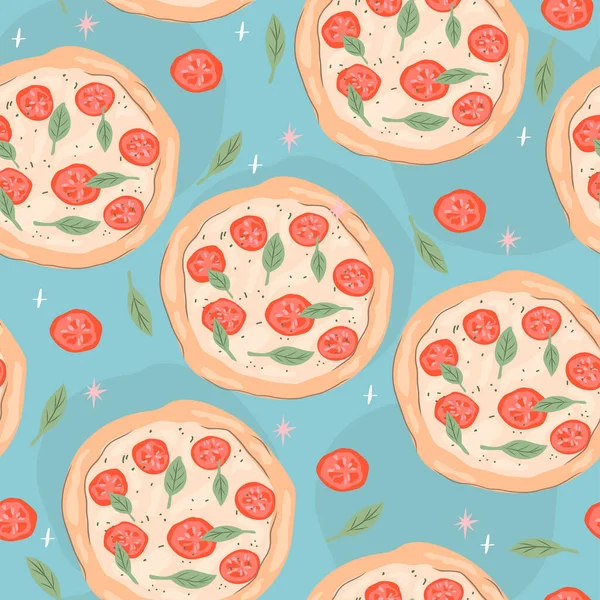 意大利披萨无缝图案 西红柿和罗勒的背景 用于生产织物 纺织品 包装纸和包装材料 — 图库矢量图片