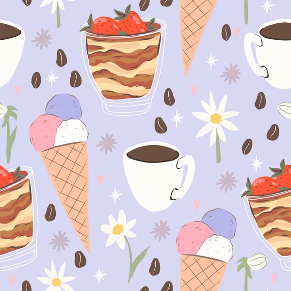 かわいいイタリアのデザートシームレスパターン ティラミス アイスクリーム コーヒー 花の背景壁紙 包装紙 包装の作成に最適です — ストックベクタ