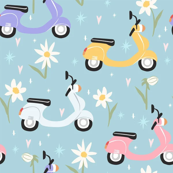 卫斯帕滑板车无缝模式 可爱的背景墙纸与雏菊花 用于生产织物 纺织品 包装纸和包装材料 — 图库矢量图片