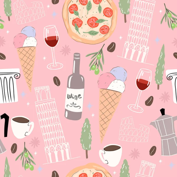 意大利无缝模式 冰淇淋 葡萄酒 披萨和咖啡 用于生产织物 纺织品 包装纸和包装材料 — 图库矢量图片