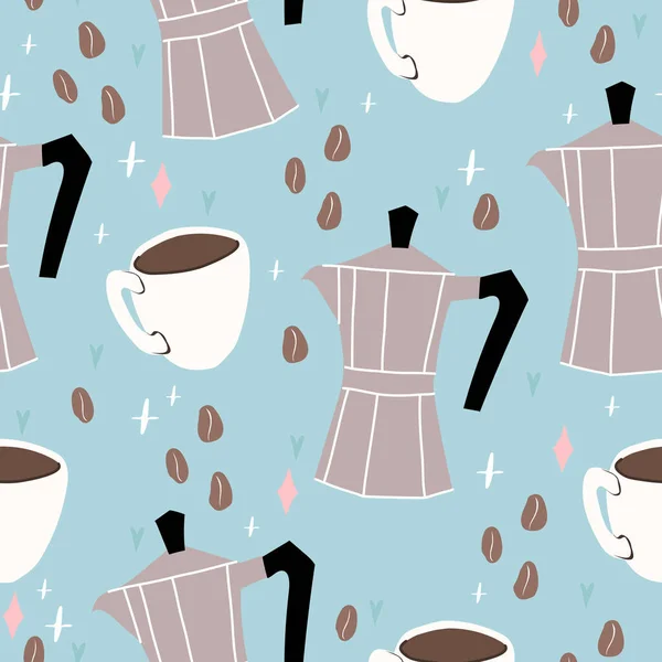 Moka Topf Nahtloses Muster Morgens Kaffeetasse Rückwärts Vorhanden Kaffeebohnen Perfekt — Stockvektor