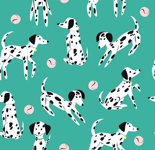 Dalmaçyalı Köpekler Topların Kusursuz Desenleriyle Oynarlar Kumaş Tekstil Ambalaj Kağıdı — Stok Vektör