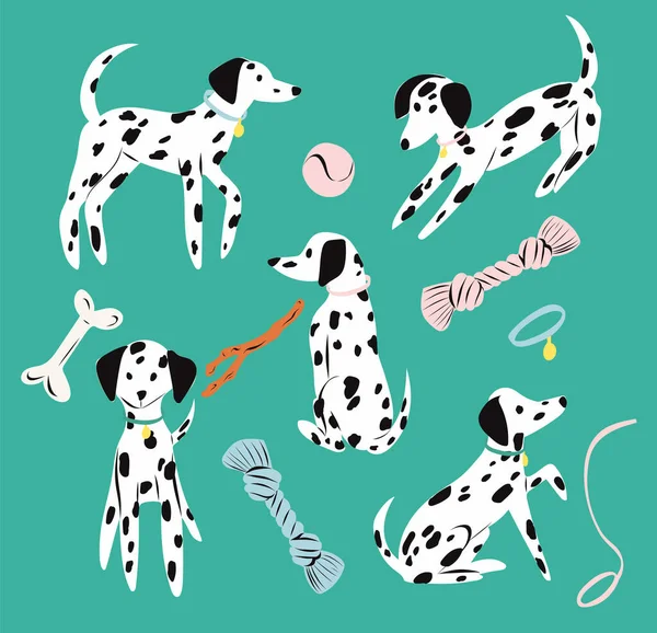 达尔马提亚犬可爱的小狗和玩具 用于生产织物 纺织品 包装纸和包装材料 — 图库矢量图片
