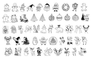 Siyah ve Beyaz Noel Elementleri - Zencefilli Kurabiye Adam, Noel Baba, Kar Küresi ve Neşeli Hayvanlar