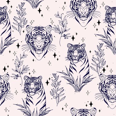 Kaplanlar ve Bitkilerle Modern Dövme Tarzı Kusursuz Desen. El Çizimi Vektör arkaplanı