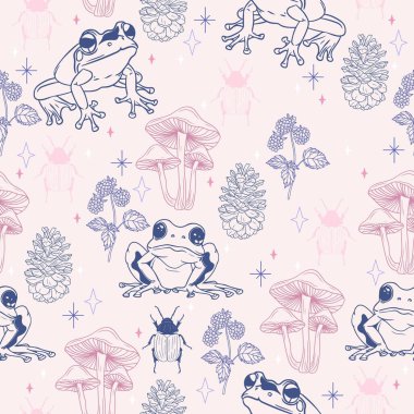 Minimalist Seamless Pattern with Frogs, Raspberries, Plants, Mushrooms, and Bugs. Hand-Drawn Vector background clipart