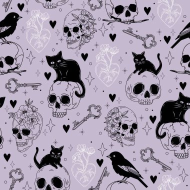 Kurukafalar, Kara Kediler, Kuşlar, Anahtarlar, Kalpler ve Çiçeklerle Dövmesiz Desen. El Çizimi Vektör arkaplanı