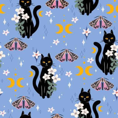 Kara Kediler, Çiçekler, Ay, Kelebekler, Güveler ve Yıldızlarla Şirin Pastel Kusursuz Desen