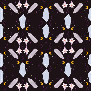 Cute Pastel Seamless Pattern with Pink and Blue Crystals, Moons, Stars, and Flowers on a Black Background clipart