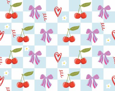 Denetleyici geçmişi, kirazı, yayı ve kalbi olan kusursuz bir vektör deseni. Tatlı retro kız tasarımı.