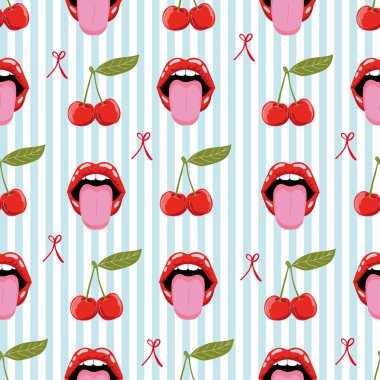 Kırmızı dudak, ağız, dil, kiraz, yay ve çizgili kusursuz vektör deseni. Cesur, sevimli kız arkaplanı.