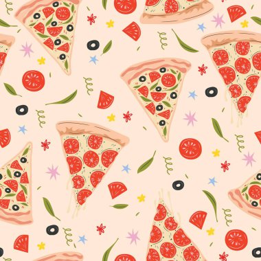 Biberli pizza dilimi, zeytin, fesleğen yaprağı ve domatesli kusursuz vektör deseni. Pastel rengi, tatlı kız yemek arkaplanı.