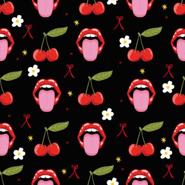 Kırmızı dudak, ağız, dil, kiraz, fiyonk ve kiraz çiçekli kusursuz vektör deseni. Siyah, şirin, kız arkaplan.