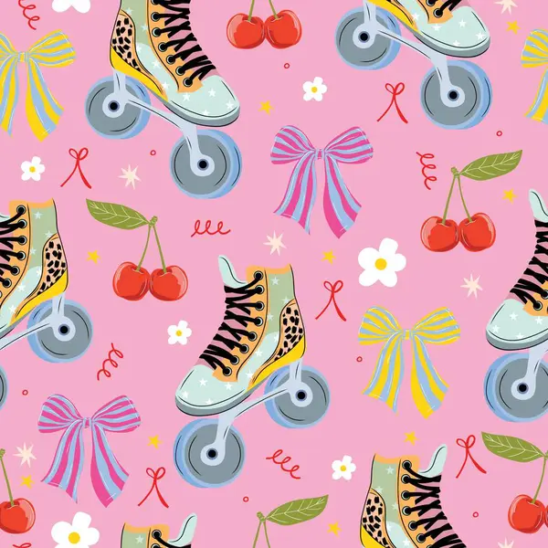 Paten, kiraz, yay ve çiçekli kusursuz vektör deseni. Pastel pembe sevimli eski kız arkaplanı.