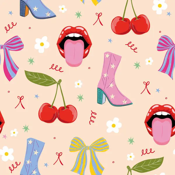 Kırmızı dudaklı kusursuz vektör deseni, dilli ağız, bot, kiraz, çiçek ve yay. Pastel pembe sevimli eski kız arkaplanı.