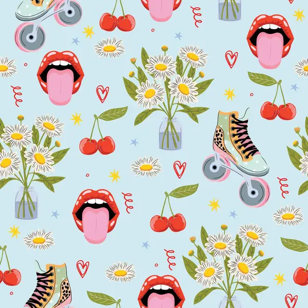 Papatya buketli kusursuz vektör deseni, paten, kiraz, kırmızı dudak, dilli ağız. Pastel mavi şirin eski kız arkaplanı.