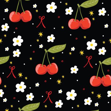 Kiraz, yay, yıldızlar ve kiraz çiçeğiyle kusursuz vektör deseni. Siyah, şirin, kız arkaplan.