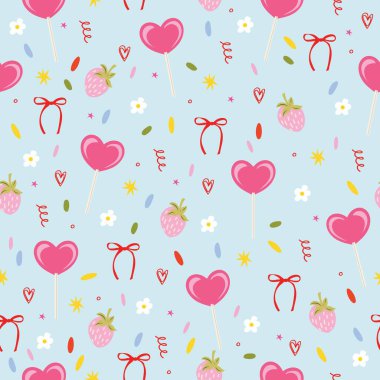Lolipop, çilek, yay, konfeti ve çiçekli kusursuz vektör deseni. Pastel mavisi, tatlı kız yemeği arka planı.