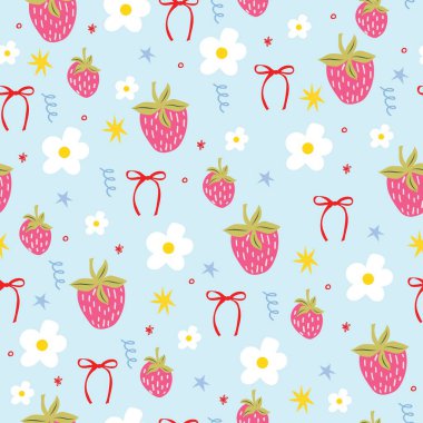 Çilek, fiyonk ve çiçekli kusursuz vektör deseni. Pastel mavi şirin kız arkaplanı.