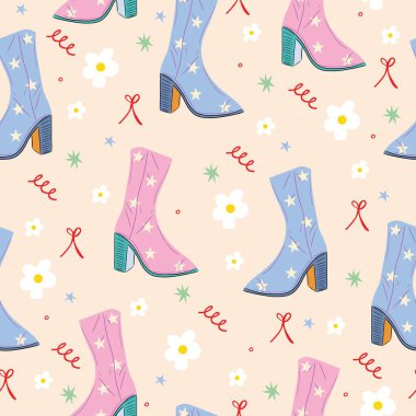 Kusursuz çizme, kiraz çiçeği çiçeği ve fiyonklu vektör deseni. Pastel pembe sevimli eski kız arkaplanı.