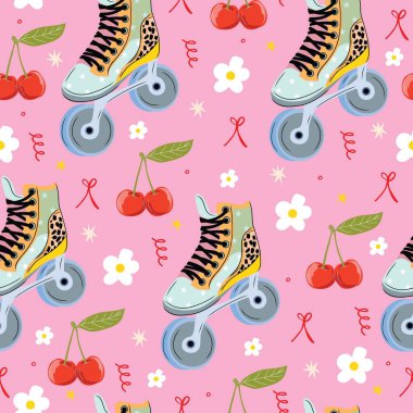 Paten, kiraz ve çiçeklerle kusursuz vektör deseni. Pastel pembe sevimli eski kız arkaplanı.