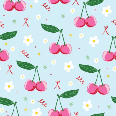 Papatya çiçekleri ve kirazlı kusursuz vektör deseni. Pastel mavi şirin eski kız arkaplanı.