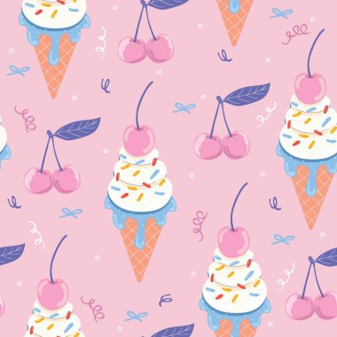 Tatlı dondurma külahları, kirazlar, fiyonklar ve konfetiyle kusursuz vektör yaz deseni. Pastel kız arkaplanı.