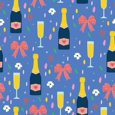 Şampanya, pasta, fiyonk, konfeti, çilek ve kupa ile kusursuz bir doğum günü şablonu. Tatlı şenlikli kız arkaplanı.