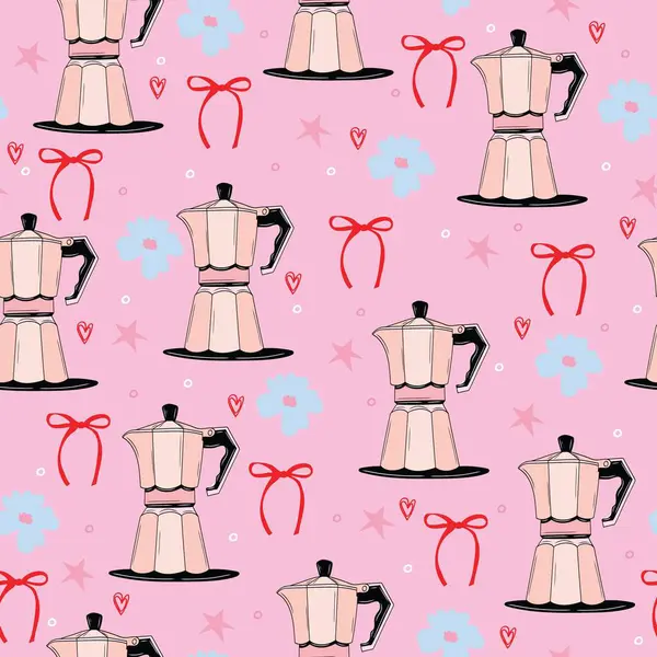 Moka kapları, çiçekler, fiyonklar ve kalplerle kusursuz pembe kahve deseni. Tatlı kız kahvaltı arka planı.