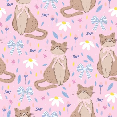 Çiçekler, papatyalar, konfetiler ve yıldızlarla çevrili yay takan sevimli kedilerle kusursuz bir vektör deseni. Oyuncu, pastel arkaplan.