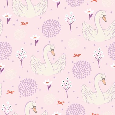 Kusursuz vektör hayvan deseni. Şirin, pastel arka plan, kuğular, çiçekler ve fiyonklar. Zarif ve rüya gibi yüzey tasarımı çocuklar, kızlar ve romantik ya da peri masallarından esinlenilmiş projeler için mükemmeldir..