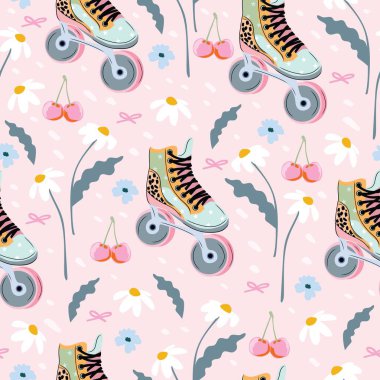 Kusursuz vektör retro modeli. Tatlı, patenli, papatyalı, kirazlı ve fiyonklu pastel bir arka plan. Eğlenceli ve nostaljik yüzey tasarımı kızlar, gençler ve kaliteli ve eğlenceli projeler için mükemmeldir..