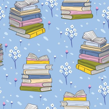 Kusursuz vektör deseni. Şirin, rahatlatıcı bir arka plan, kitap yığınları ve dağınık çiçekler, yumuşak mavi bir arka planda. Pastel tonlar ve hoş estetik çocuklar, kızlar ve düşünceli yüzey tasarımı için mükemmel..