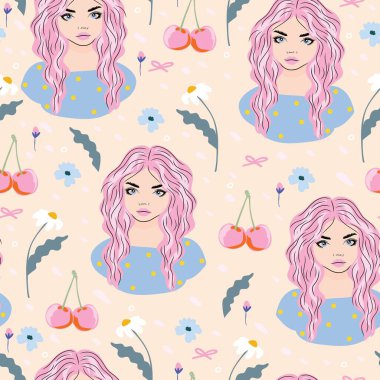 Kusursuz vektör deseni. Etrafı papatyalar, kirazlar, çiçekler ve fiyonklarla çevrili pembe saçlı bir kız. Pastel renkler ve tatlı detaylar çocuklar, kızlar ve tuhaf yüzey tasarımı için mükemmeldir..