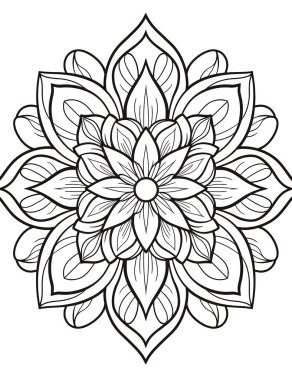 Çiçekli Mandala. Boyama kitabı sayfası. Siyah ve beyaz.