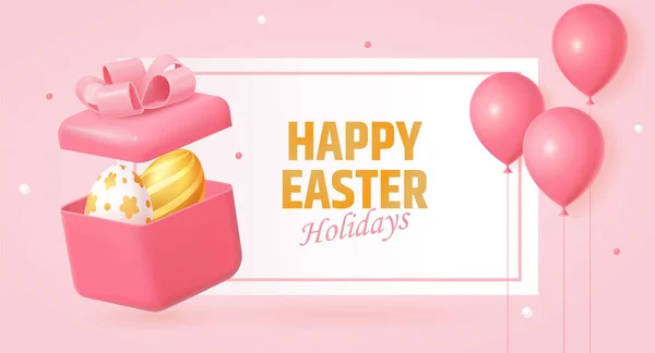 Happy Easter Wenskaart Realistische Goud Wit Geschilderde Eieren Roze Geschenkdoos — Stockvector