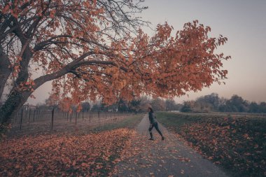 Güzel sonbahar renkleriyle bir ağacın altında spor pozu veren bir kadın. Açık hava yaşamının rahatlığı ve bütünlüğüyle ilgili kavram