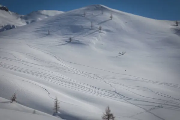 Tilt shift effect of traces of skiers and snowboarders on white snowy meadows of Giau Pass, Dolomites, Italy